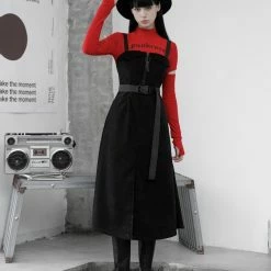 Punk Rave Dresses Black Shoulder Strap Front Split Zipper Buckle Belt Dress