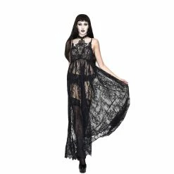 Eva Lady Dresses Gothic Black Spaghetti Strap Floral Embroidery Mesh Pleated Long Dress