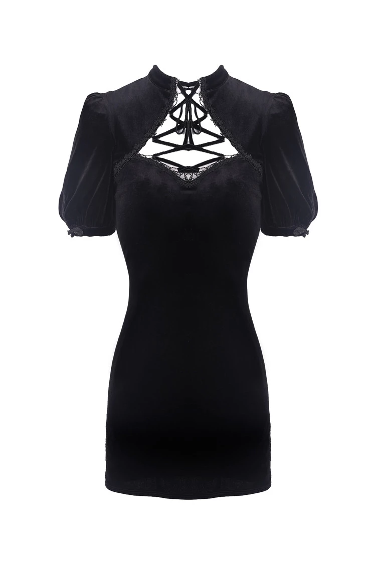 Dark In Love Dresses Black Vintage Lace Up Chest Puff Sleeves Bodycon Mini Dress - Image 2
