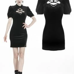 Dark In Love Dresses Black Vintage Lace Up Chest Puff Sleeves Bodycon Mini Dress