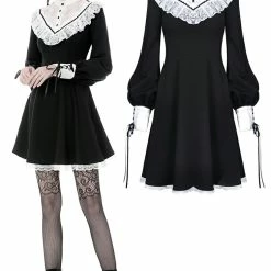 Dark In Love Dresses Black White Buttons Lace Up Lantern Sleeves Gothic Lolita Flare Dress