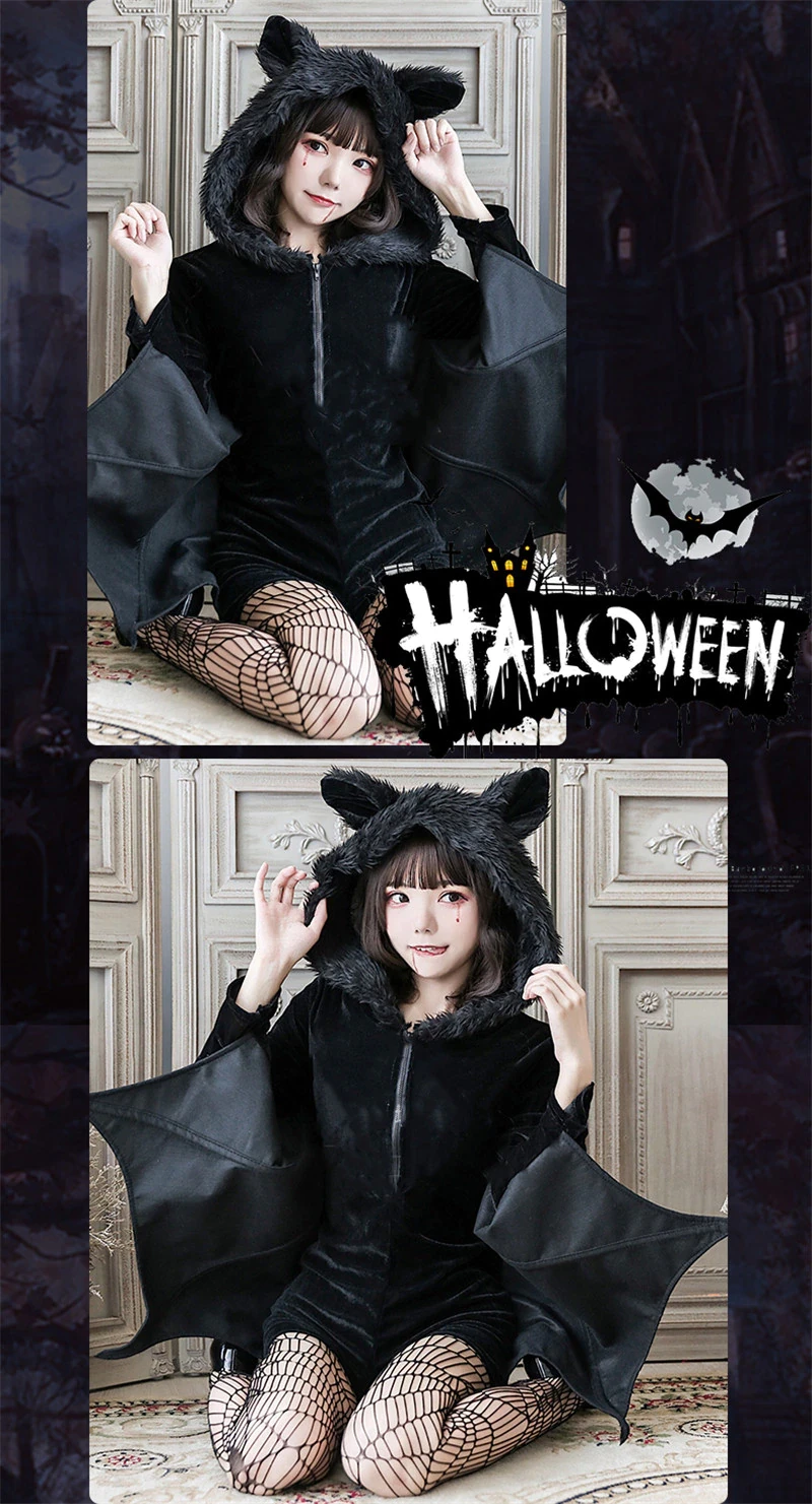 RebelsMarket Dresses Black Zipper Bat Wings Hoodie Dress Socks Set - Image 2