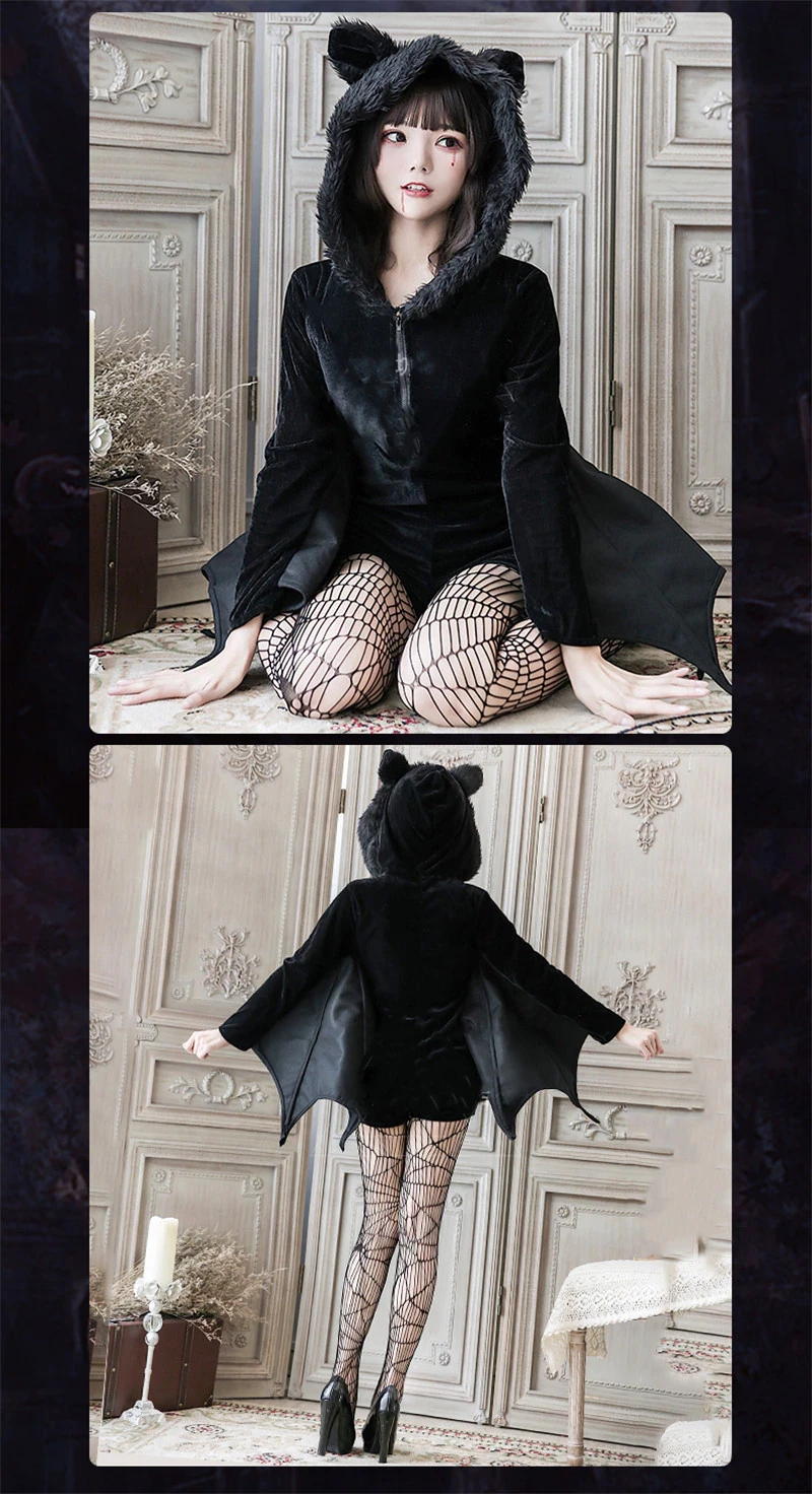 RebelsMarket Dresses Black Zipper Bat Wings Hoodie Dress Socks Set - Image 3