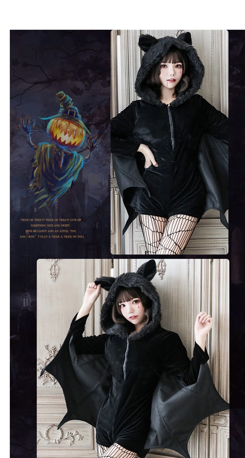 RebelsMarket Dresses Black Zipper Bat Wings Hoodie Dress Socks Set