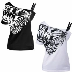 FashionSprout Standard Tops Butterfly Print One Off Shoulder Chemise Top