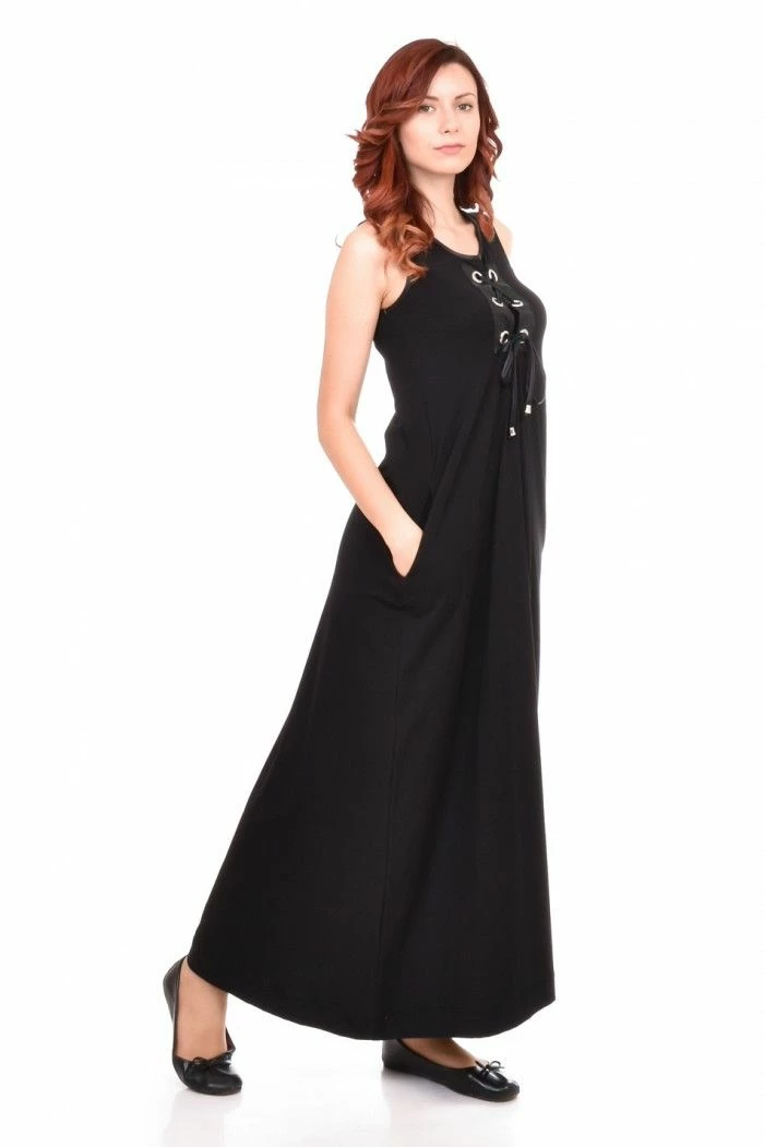 RebelsMarket Dresses Long Black Dress, Flaved Dress, Tank Top Dress, Sleeveless Plus Size Dress - Image 3