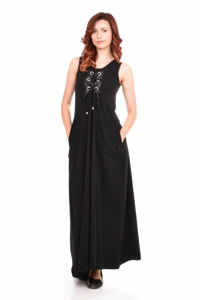 RebelsMarket Dresses Long Black Dress, Flaved Dress, Tank Top Dress, Sleeveless Plus Size Dress - Image 2