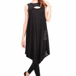 RebelsMarket Dresses Asymmetrical Tunic, Black Tunic, Sleeveless Tunic, Flaved Loose Tunic