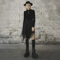 Punk Rave Dresses Gothic Chinese Collar Puff Sleeve Asymmetric Hem Dress