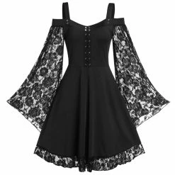 RebelsMarket Dresses Gothic Cold Shoulder Flare Lace Sleeves Pleated Up Dress