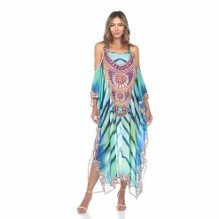 White Mark Clothing Dresses Cold Shoulder Multi Print Long Sheer Caftan