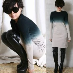 RebelsMarket Dresses Cotton Punk Tie Dye Gradient Long Sleeve Top Slim T Shirt Pjs Dress Gray