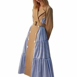 RebelsMarket Dresses Steampunk Streetwear Double Breasted Long Sleeve Striped Khaki Maxi Dress