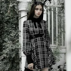Punk Rave Dresses Double Button Belt Lapel Collar Black White Plaid Skater Dress