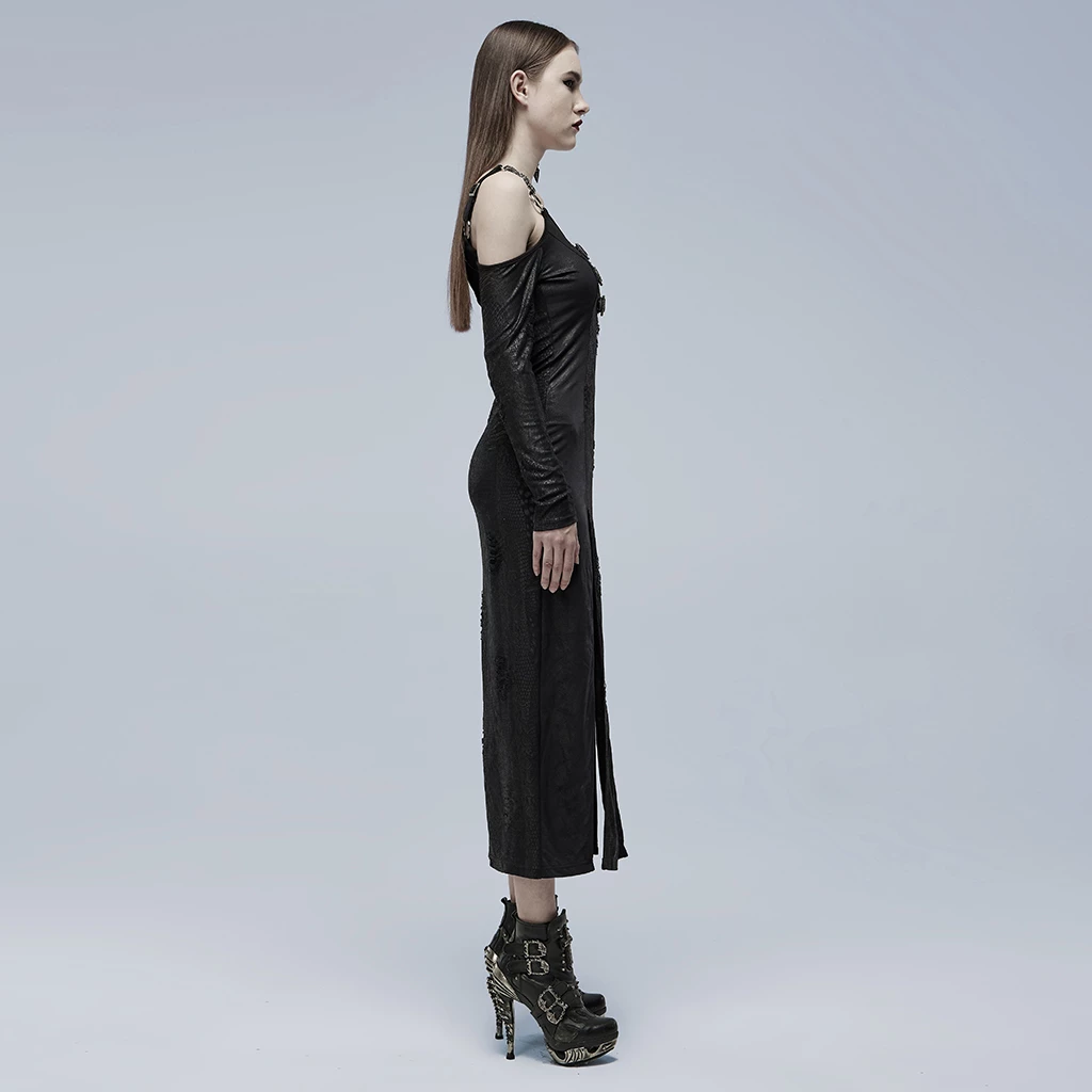 Punk Rave Dresses Double Splits Buckles Cold Shoulder Black Goth Dress - Image 2