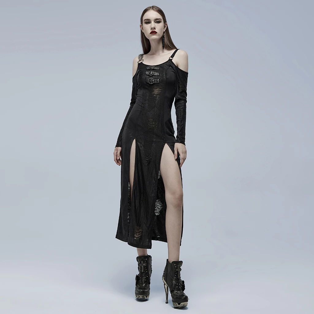 Punk Rave Dresses Double Splits Buckles Cold Shoulder Black Goth Dress - Image 4