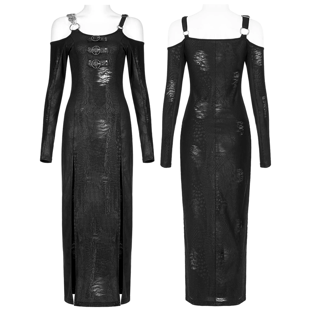 Punk Rave Dresses Double Splits Buckles Cold Shoulder Black Goth Dress - Image 5