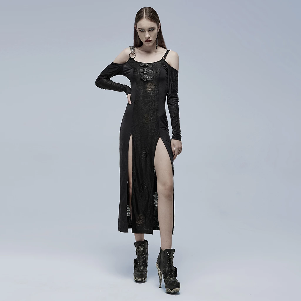 Punk Rave Dresses Double Splits Buckles Cold Shoulder Black Goth Dress