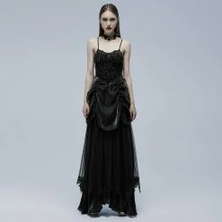Punk Rave Dresses Ruched Bat Collar Black Sheer Mesh Velvet Gothic Maxi Dress