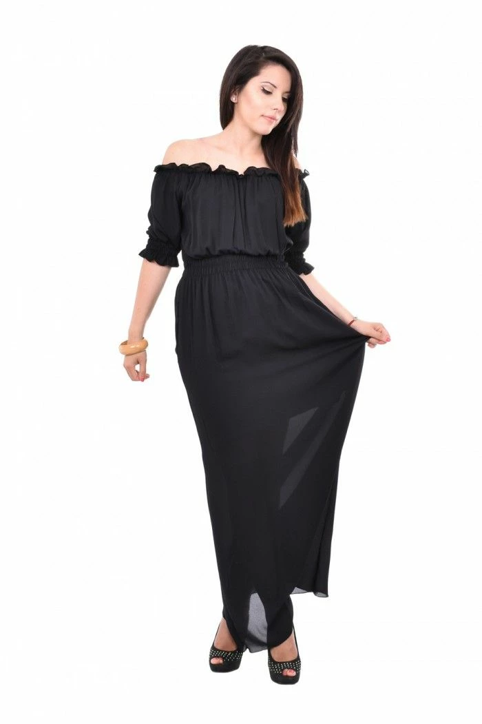 RebelsMarket Dresses Long Black Dress, Bare Shoulder Dress, 3/4 Sleeve Dress, Balloon Dress - Image 2