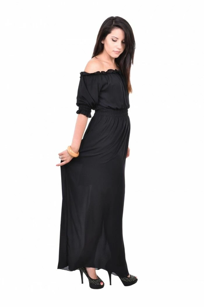 RebelsMarket Dresses Long Black Dress, Bare Shoulder Dress, 3/4 Sleeve Dress, Balloon Dress