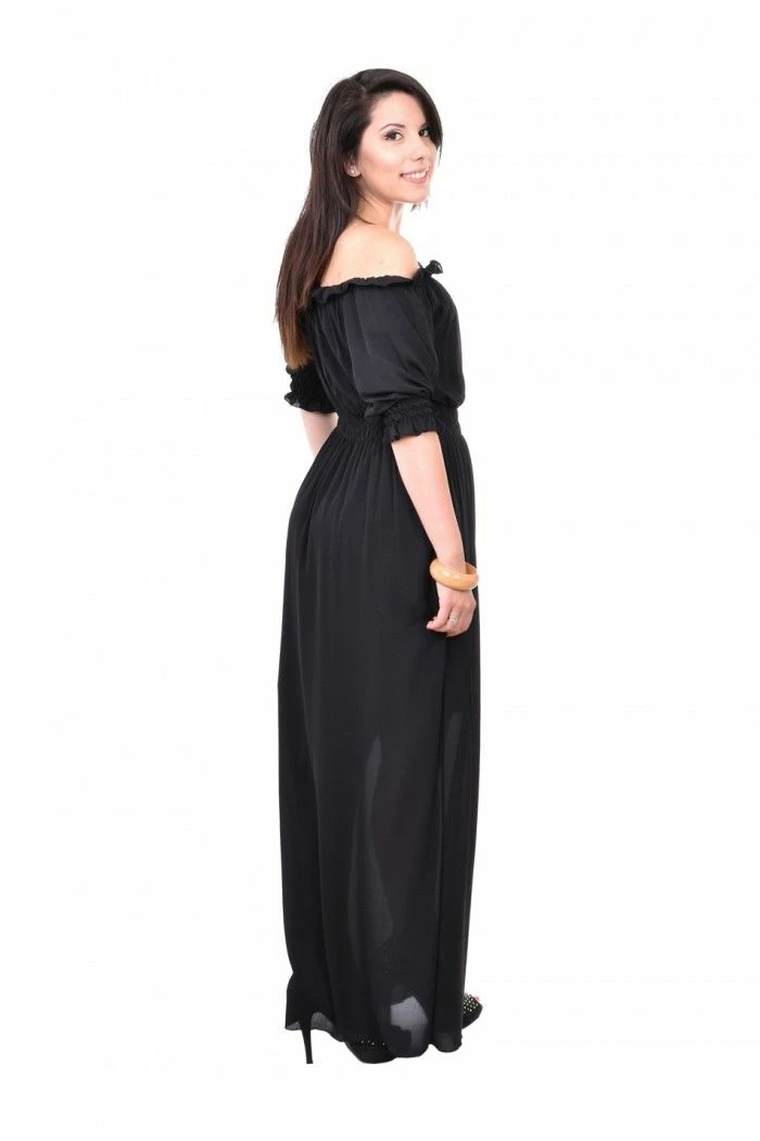 RebelsMarket Dresses Long Black Dress, Bare Shoulder Dress, 3/4 Sleeve Dress, Balloon Dress - Image 4