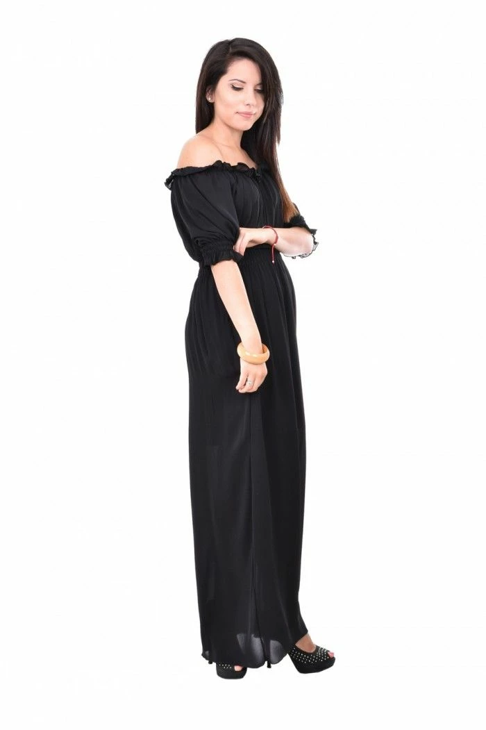 RebelsMarket Dresses Long Black Dress, Bare Shoulder Dress, 3/4 Sleeve Dress, Balloon Dress - Image 3