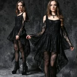 Dark In Love Dresses Embroidered Floral Lace Buttons Ruffled Dove Tail Black Gothic Dress
