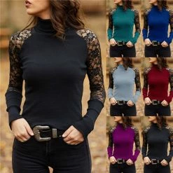 RebelsMarket Standard Tops Embroidered Lace Cut Out Sleeves Turtle Neck Top