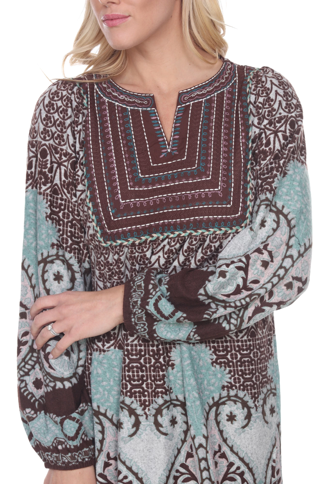 White Mark Clothing Dresses Embroidered Long Sleeve V Neck Bohemian Dress - Image 2