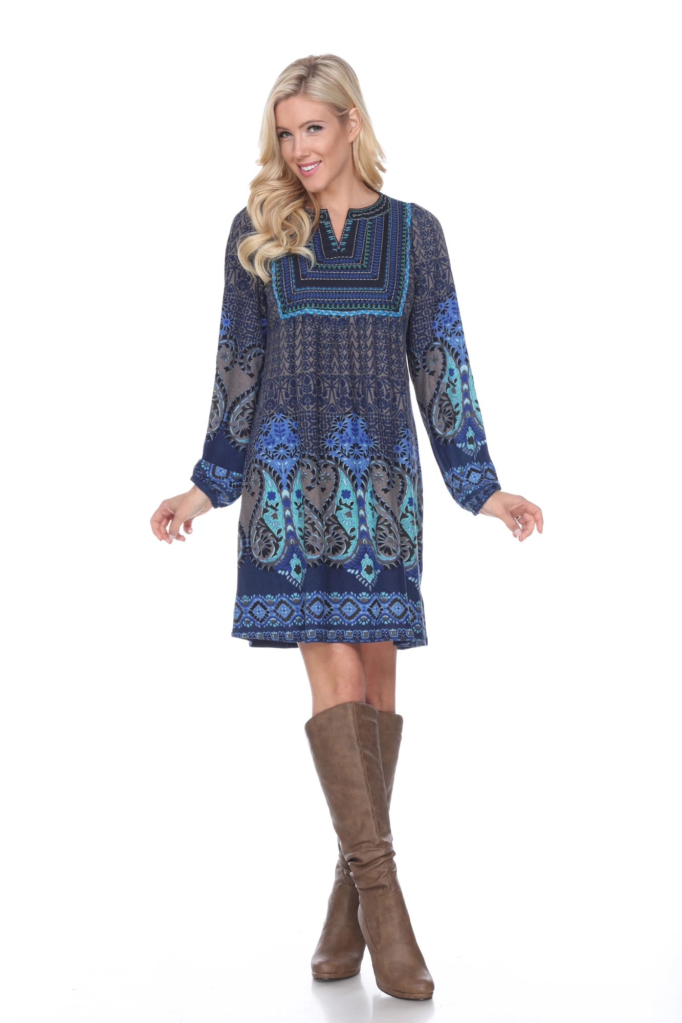 White Mark Clothing Dresses Embroidered Long Sleeve V Neck Bohemian Dress - Image 4