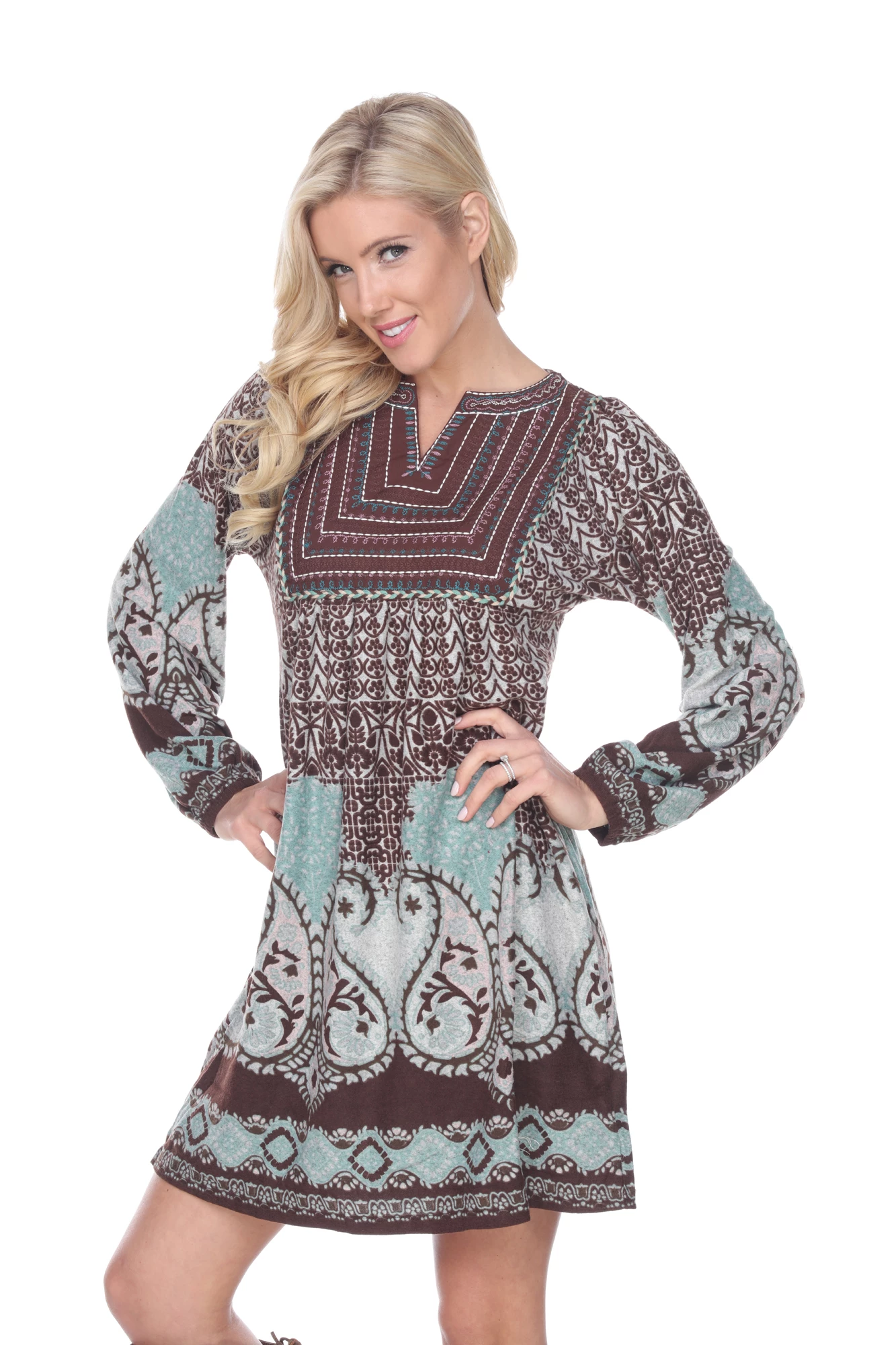 White Mark Clothing Dresses Embroidered Long Sleeve V Neck Bohemian Dress