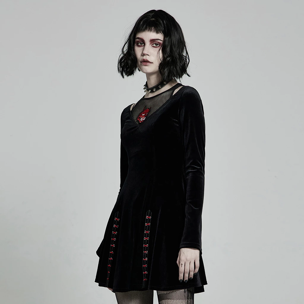 Punk Rave Dresses Embroidered Mesh Vest Ruffled Velvet Black Dress - Image 2