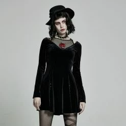 Punk Rave Dresses Embroidered Mesh Vest Ruffled Velvet Black Dress