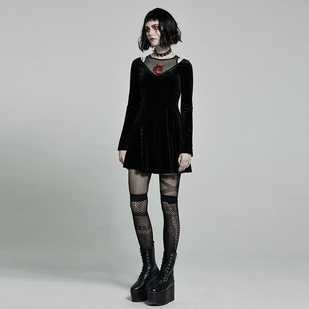 Punk Rave Dresses Embroidered Mesh Vest Ruffled Velvet Black Dress - Image 4