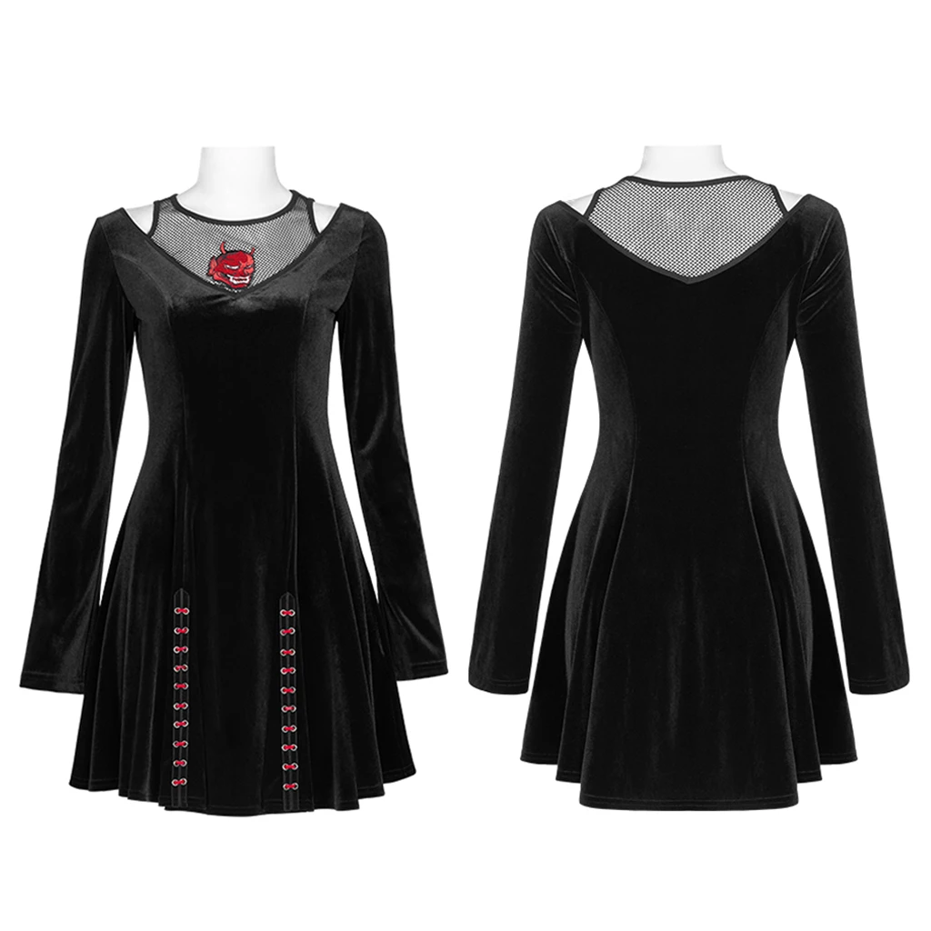 Punk Rave Dresses Embroidered Mesh Vest Ruffled Velvet Black Dress - Image 5
