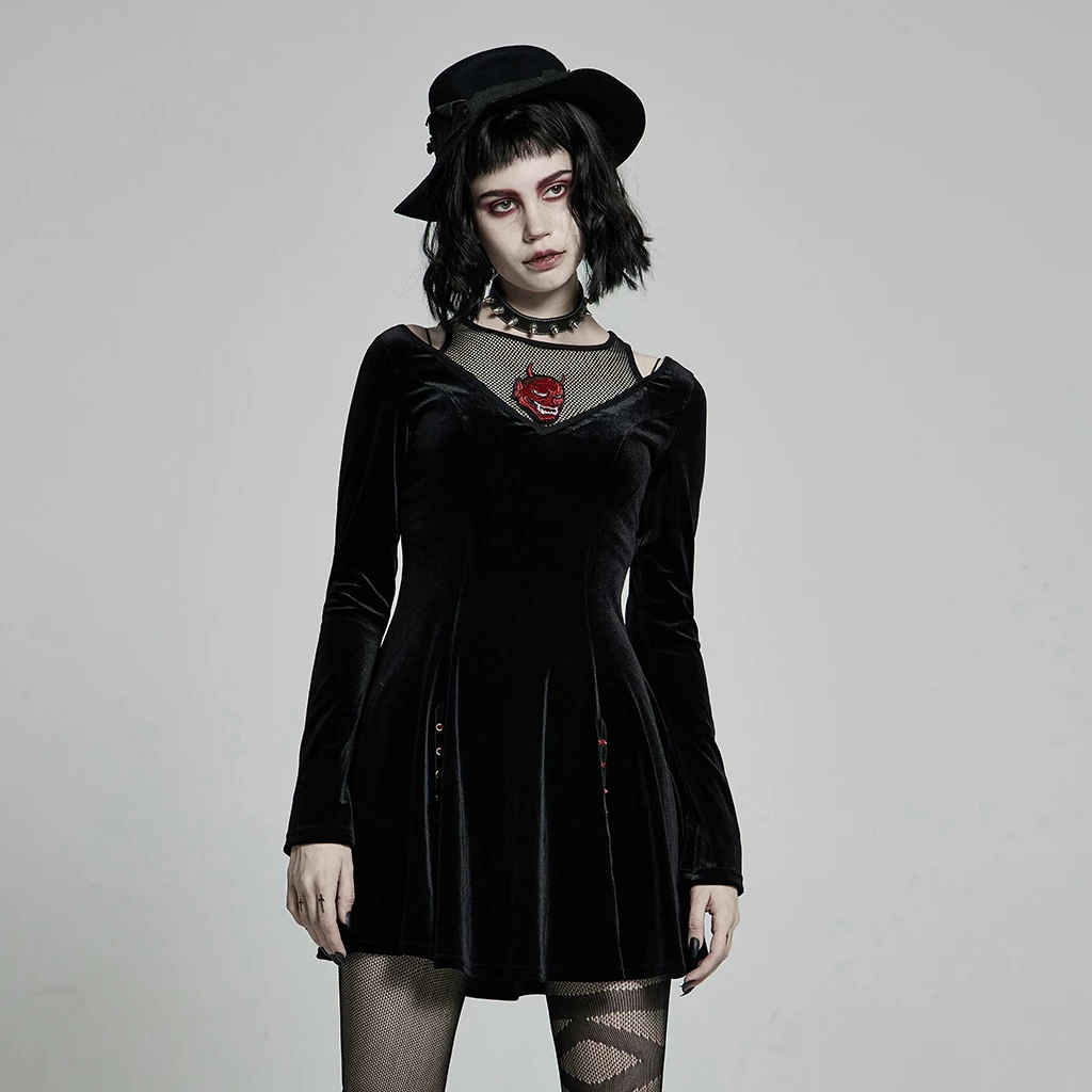 Punk Rave Dresses Embroidered Mesh Vest Ruffled Velvet Black Dress