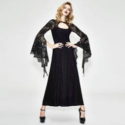 Thinkers Clothing Dresses Gothic Flare Sleeves Hollow Out Floral Lace Long Dress