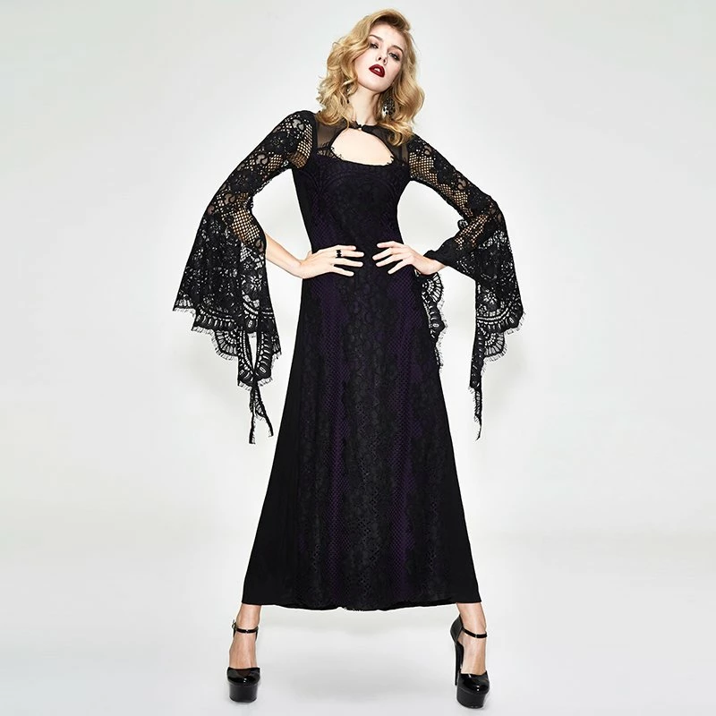 Thinkers Clothing Dresses Gothic Flare Sleeves Hollow Out Floral Lace Long Dress