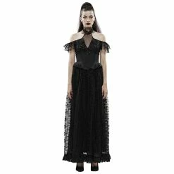 Punk Rave Dresses Gothic Steampunk Punk Floral Chiffon Off Shoulder Fly Sleeves V-neck Halter Pleated Lace Dress