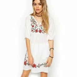 FashionSprout Dresses Vintage Retro Boho White Buttoned Floral Embroidered Mini Dress