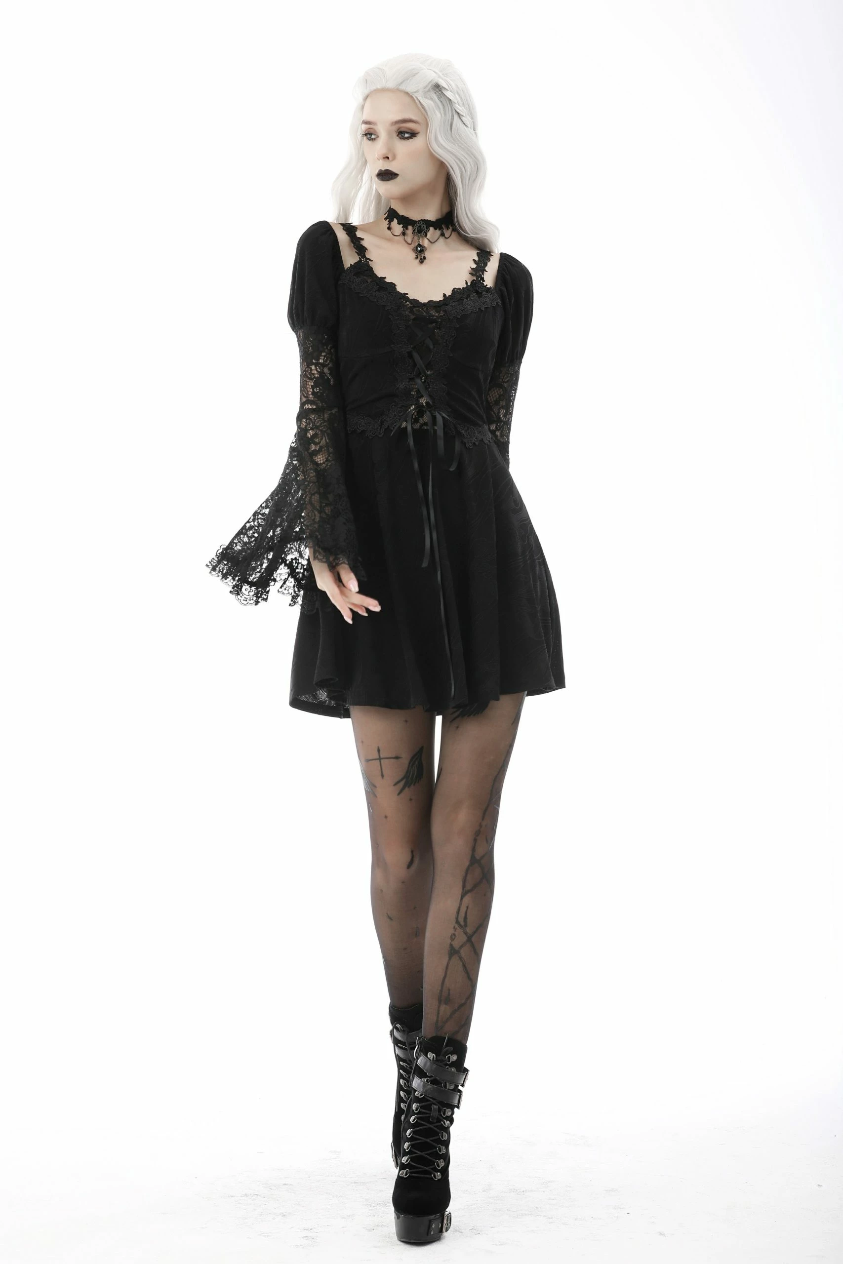 Dark In Love Dresses Gothic Fake Two Pieces Trumpet Lace Sleeves Black Mini Dress - Image 6