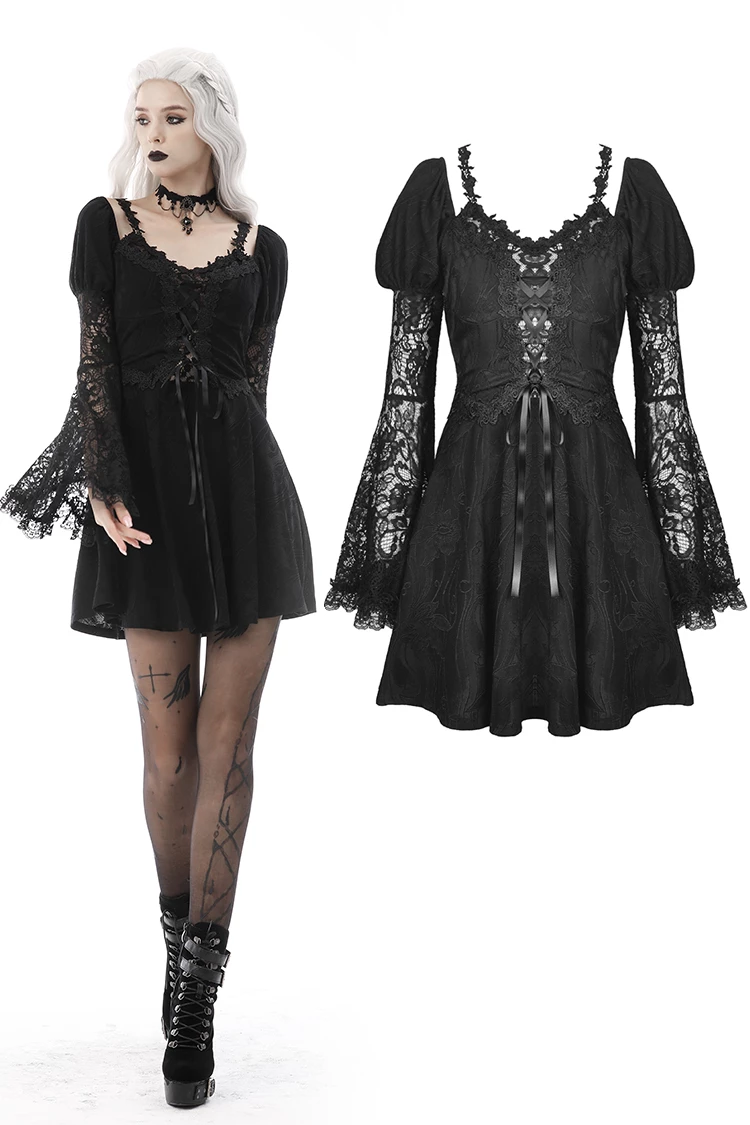 Dark In Love Dresses Gothic Fake Two Pieces Trumpet Lace Sleeves Black Mini Dress