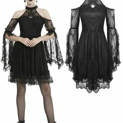 Dark In Love Dresses Gothic Halter Off Shoulder Flare Sleeves Pleated Lace Dress