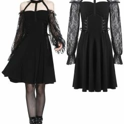 Dark In Love Dresses Gothic Lace Bishop Sleeves Choker Collar Lace Up Black Dress