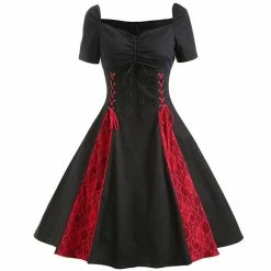 FashionSprout Dresses Gothic Vintage & Retro Lolita Lace Up Black Red Pleated Dress