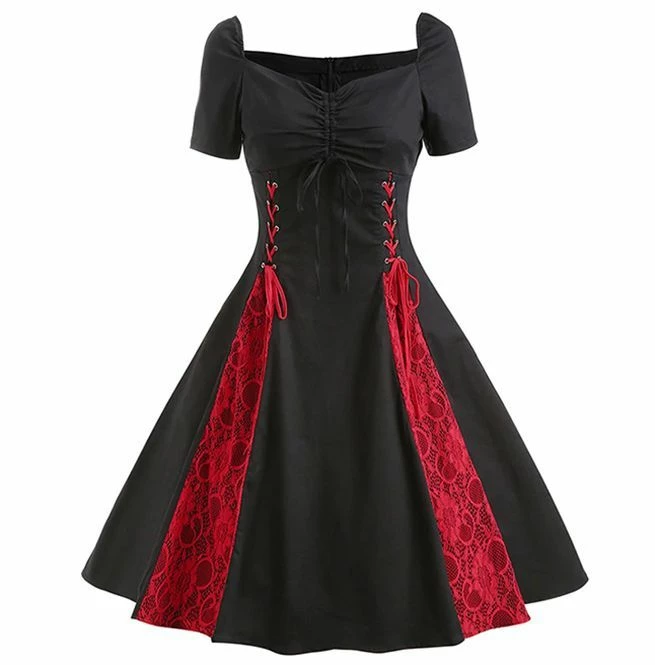 FashionSprout Dresses Gothic Vintage & Retro Lolita Lace Up Black Red Pleated Dress
