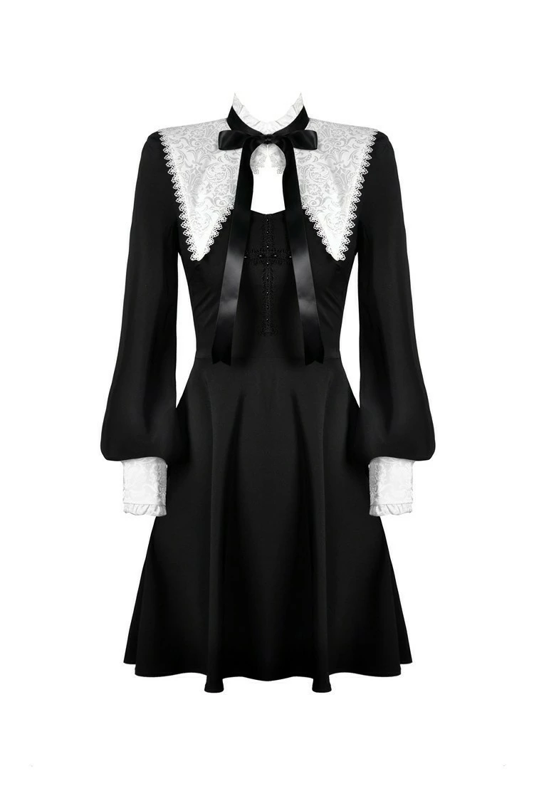 Dark In Love Dresses Gothic Lolita Black And White Bow Neck Jacquard Collar Cuffs Pleated Dress - Image 2