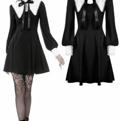 Dark In Love Dresses Gothic Lolita Black And White Bow Neck Jacquard Collar Cuffs Pleated Dress