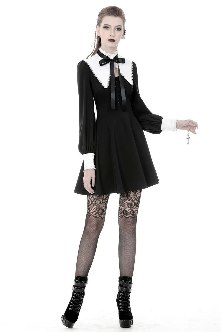 Dark In Love Dresses Gothic Lolita Black And White Bow Neck Jacquard Collar Cuffs Pleated Dress - Image 4